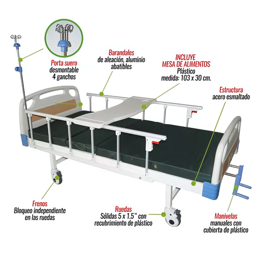 CAMA HOSPITALARIA DE LUJO CON COLCHON Y MESA DE ALIMENTOS