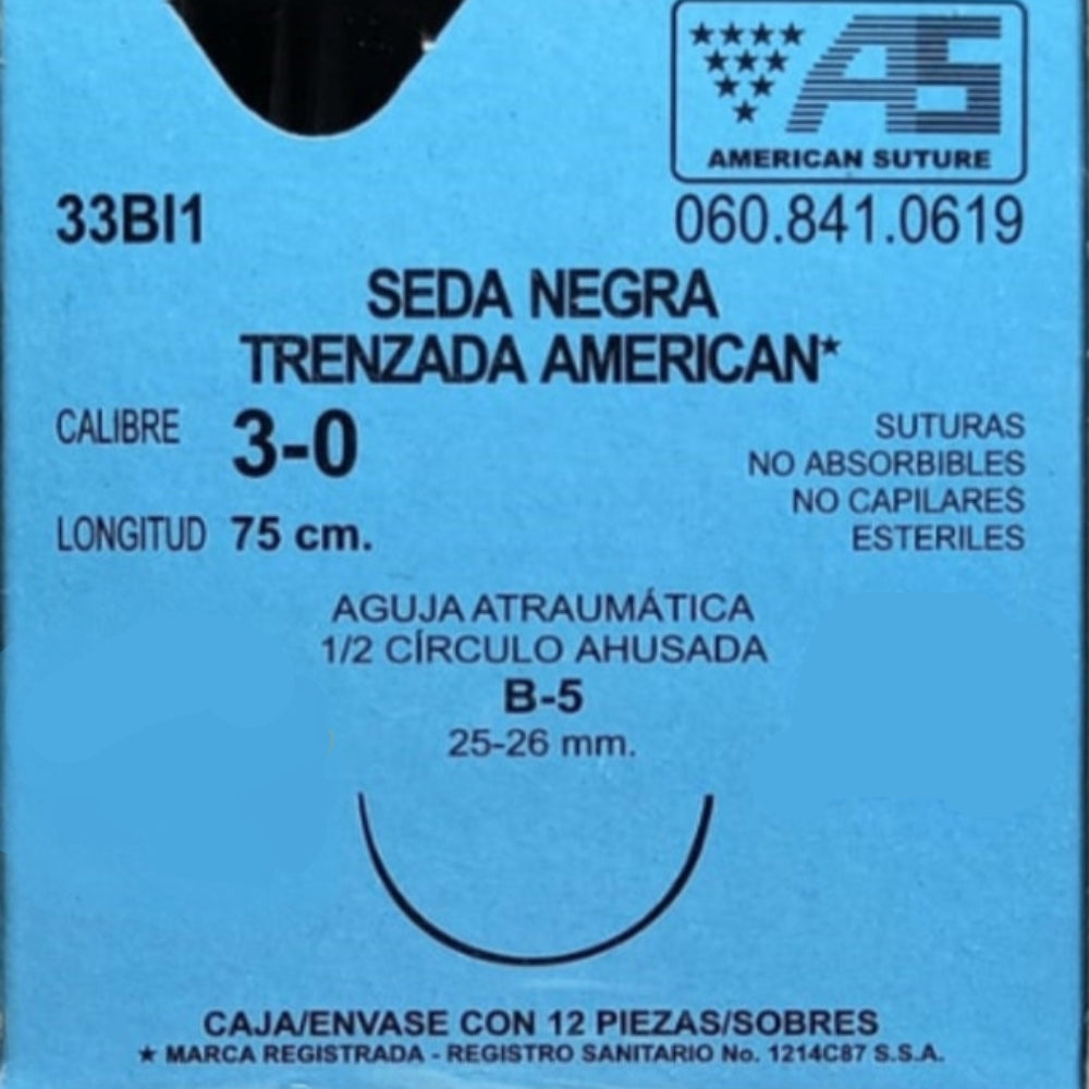 SEDA NEGRA 3-0 75CM 25-26MM PZA AMERICAN SUTURE