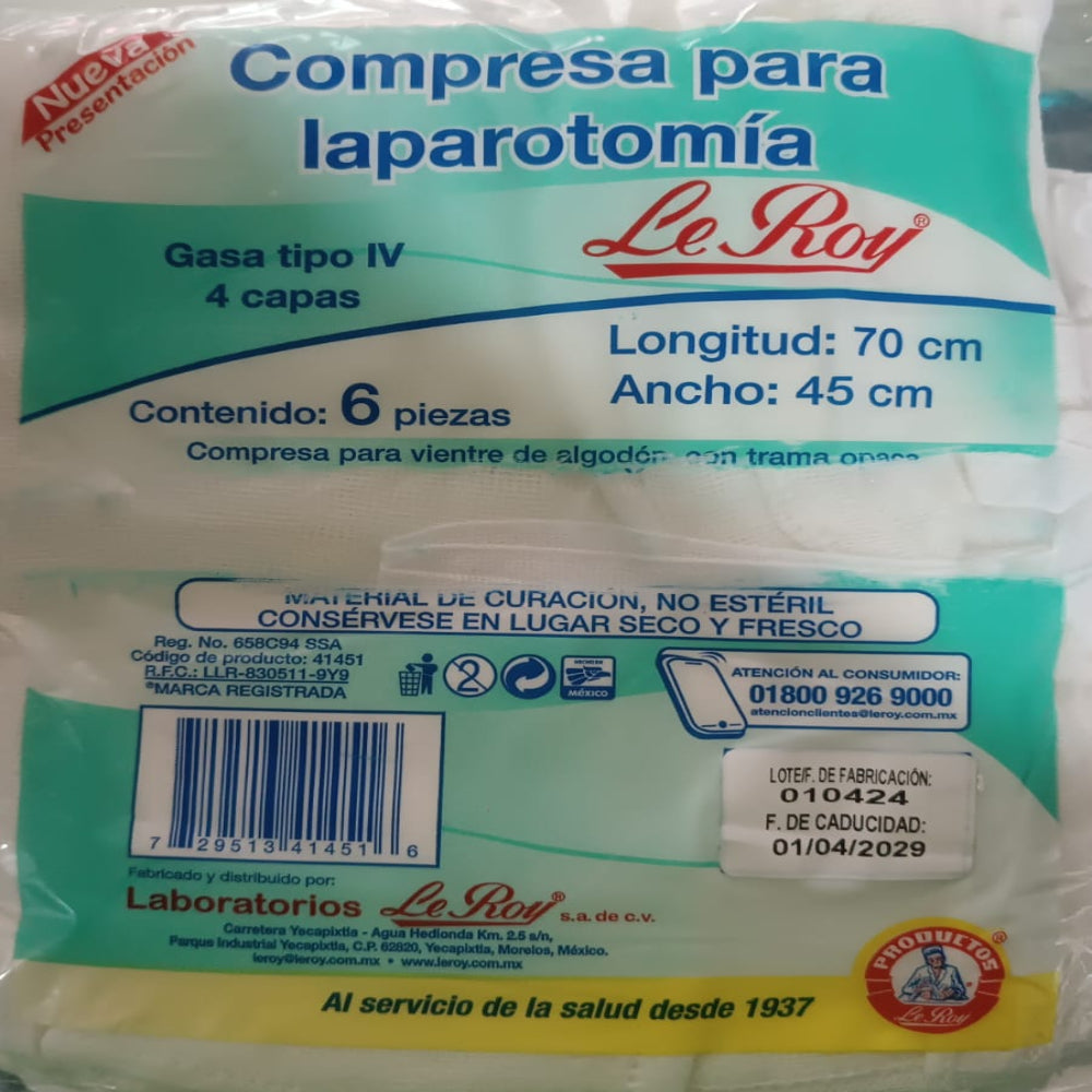 COMPRESA NO ESTERIL 70X45CM C/6 LE ROY
