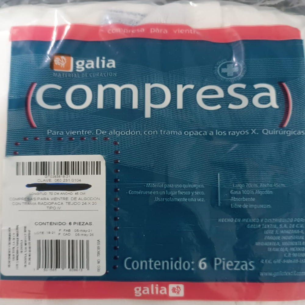 COMPRESA NO ESTERIL 70X45CM C/6 GALIA